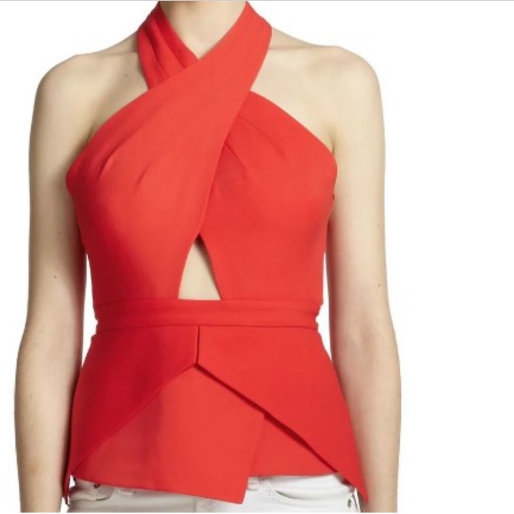 BCBG MAX AZRIA REMMIE PEPLUM TOP BRIGHT POPPY (RED) SIZE XS